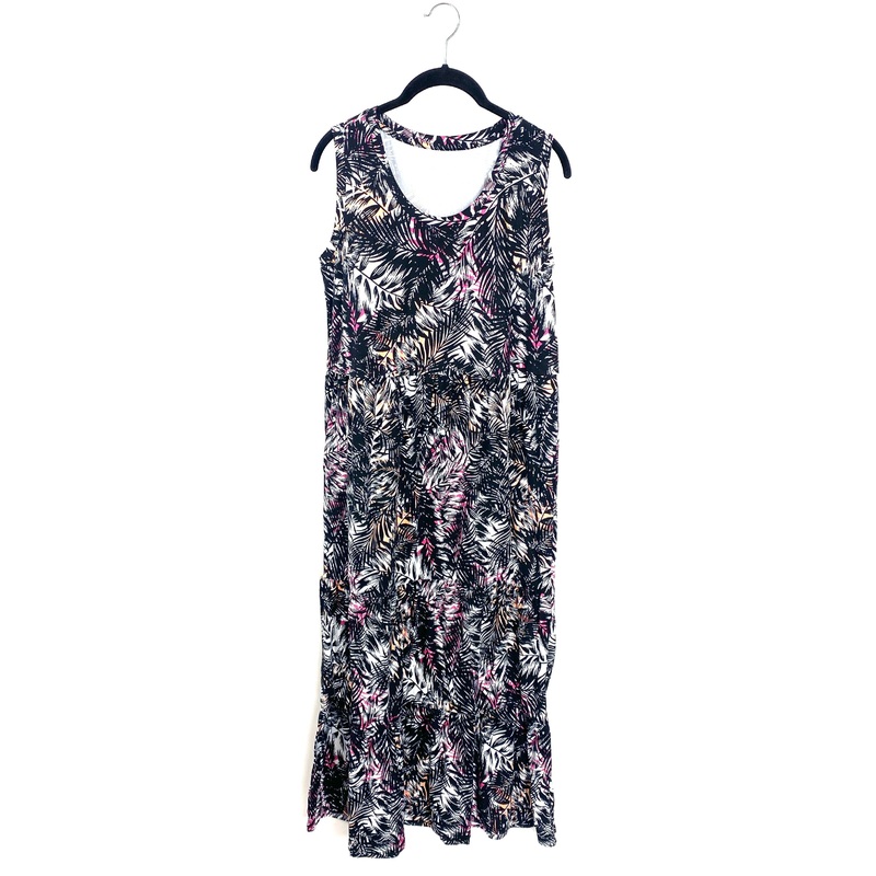 Black And Pink Tropical Scoop Neck Maxi Dress – Size 8/10