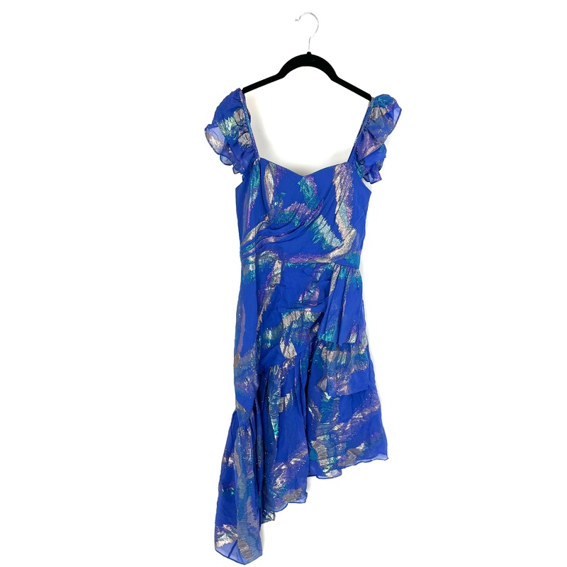 Blue and Metallic Corset Style Ruffle Dress – Size 4