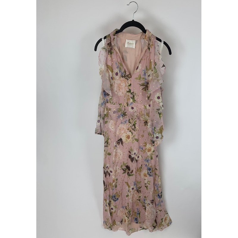 Pale Pink Floral and Gold Flaked Polka Dotted Maxi Dress – Size 4/6