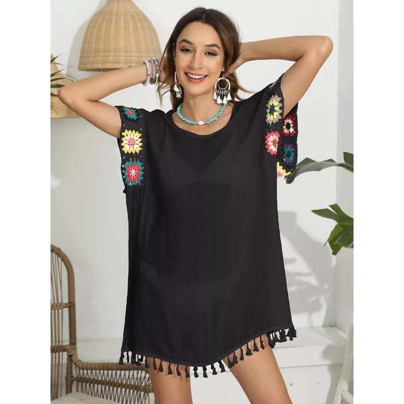 Tassel Boat Neck Flutter Sleeve Cover Up Black One Size