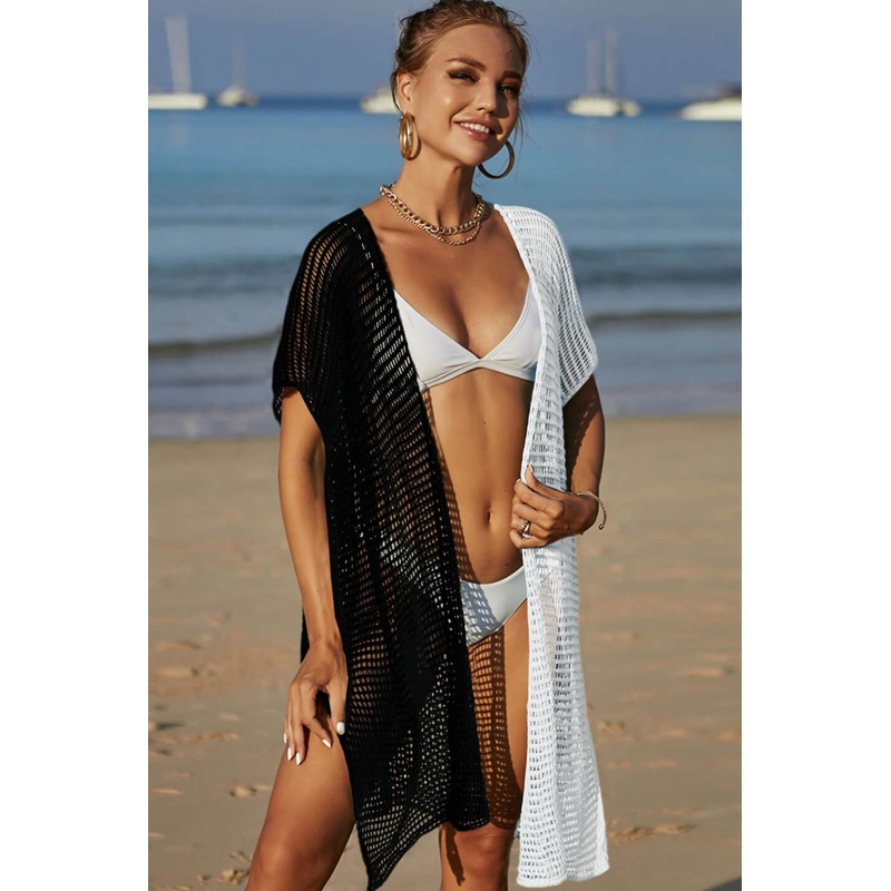 Angel Wings Two-Tone Side Slit Open Front Cover Up Black One Size