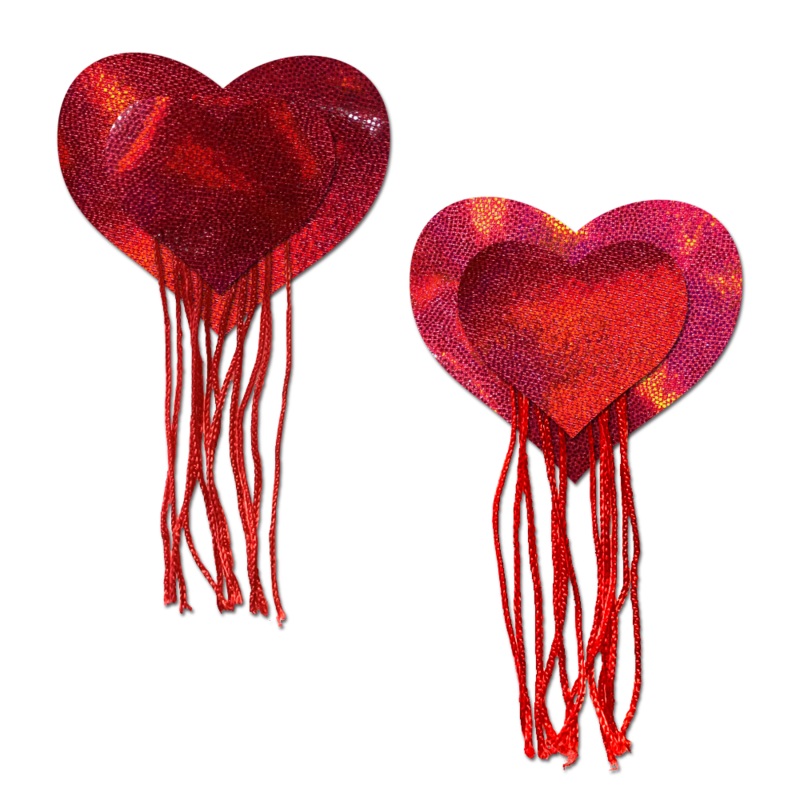 Tassels: Red Holographic Hearts with Tassel Fringe Nipple Pasties by Pastease Red