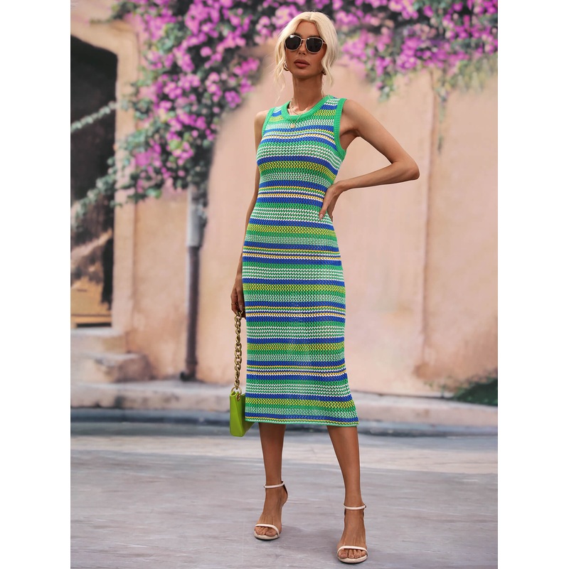 Striped Round Neck Sleeveless Midi Cover Up Dress Green S