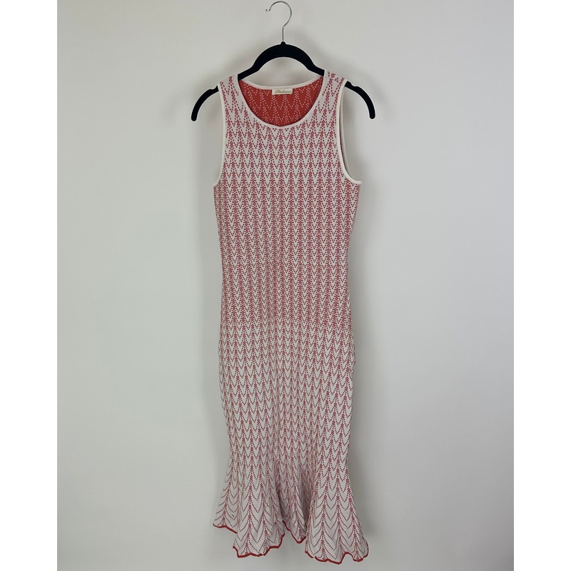 White and Burnt Orange Patterned Sleeveless Long Dress – Size 4/6