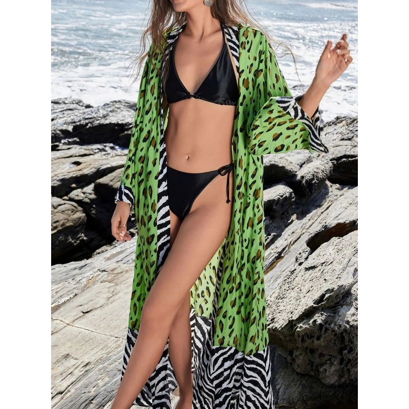 Tropical Leopard Print Kimono Beach Cover-Up Green Leopard Print One Size
