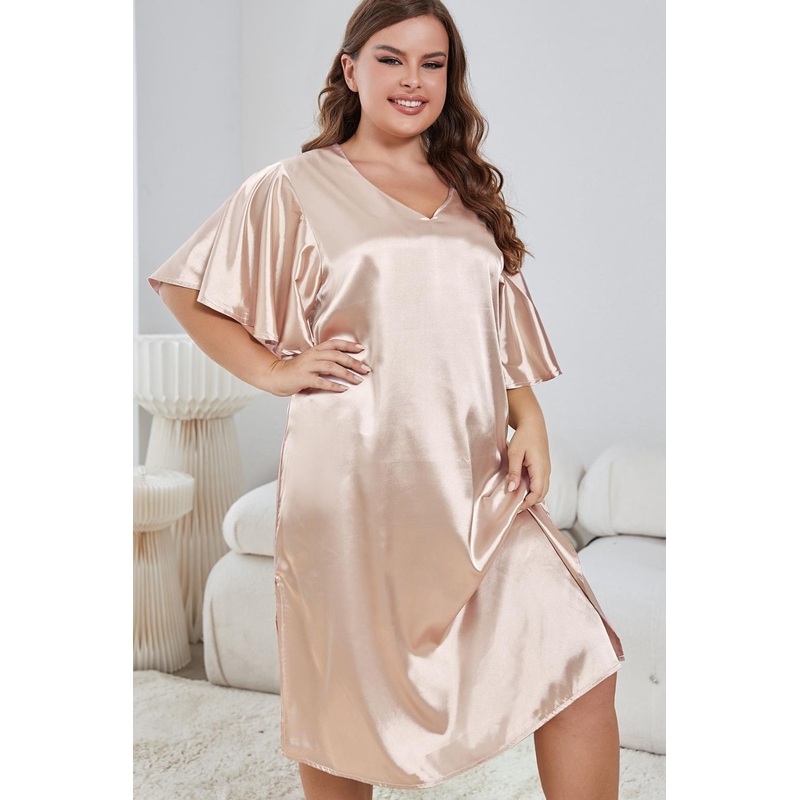 Plus Size Flutter Sleeve V-Neck Side Slit Night Gown Golden 1XL