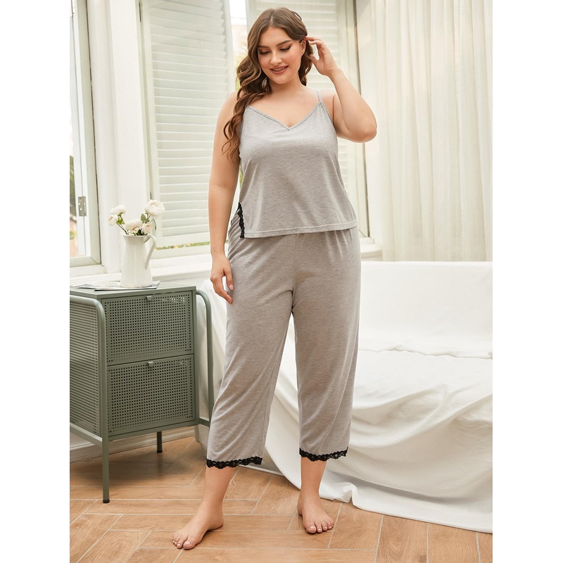 Plus Size Lace Trim Slit Cami and Pants Pajama Set Black 1XL
