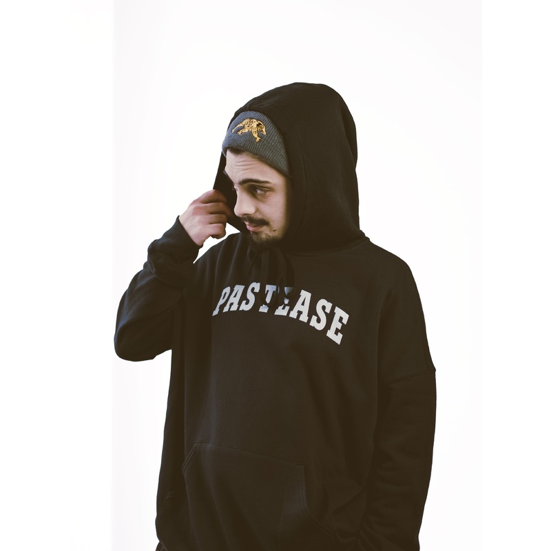 Hoodie: Unisex Sponge Fleece Pullover Black w White ‘Pastease’ University Logo XS