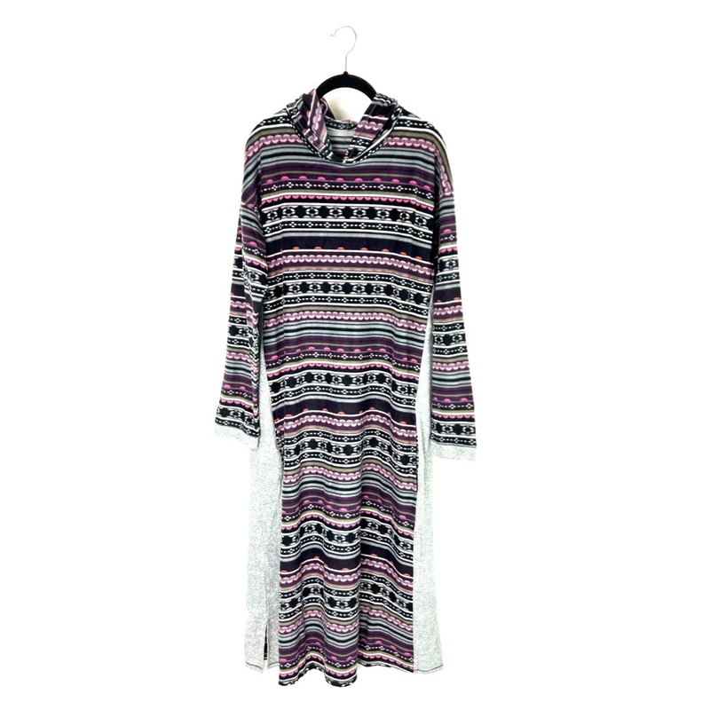 Abstract Multicolor Fleece Long Sleeve Dress With Hood – Small/Medium