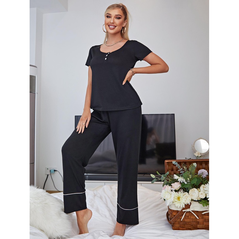 Scoop Neck Top and Elastic Waist Pants Lounge Set Black S