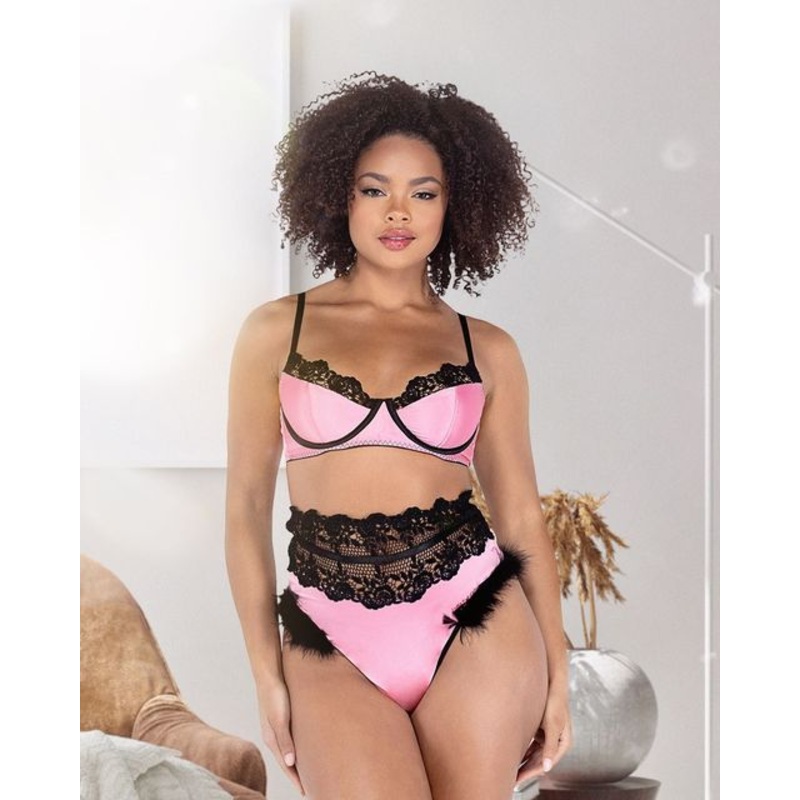 2PC Embroidery & Satin Bralette Set Small Pink/Black