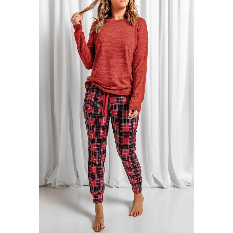Round Neck Top and Drawstring Plaid Pants Lounge Set Deep Red S