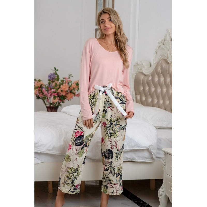 Round Neck Top and Printed Pants Lounge Set Watermelon pink S