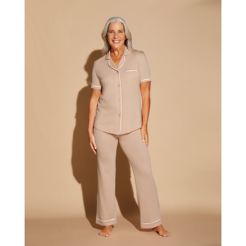 Short Sleeve Top & Pant Pajama Set Camel/Moon Ivory XS