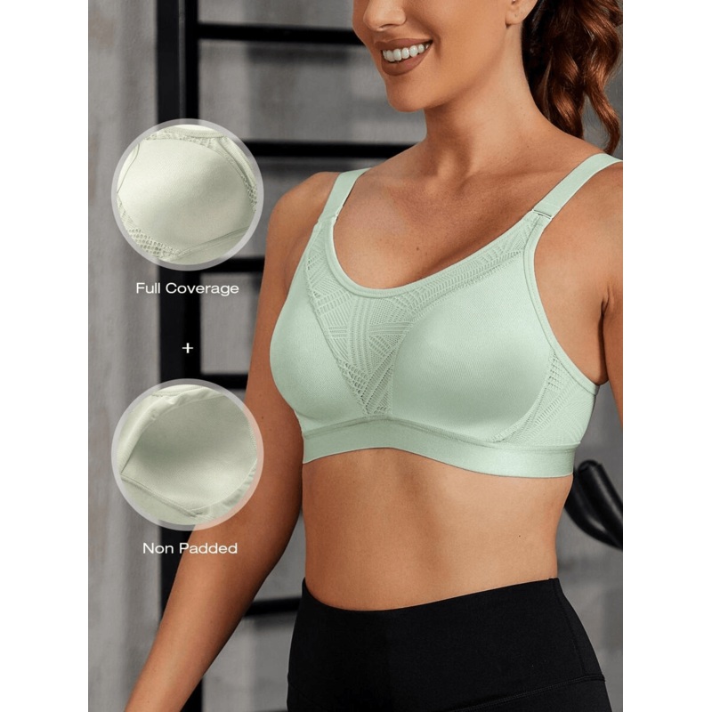 Wireless Full Coverage Workout Bra No Padded Plus Size Cross Back Exercise Sports Bra Green 34C/75C