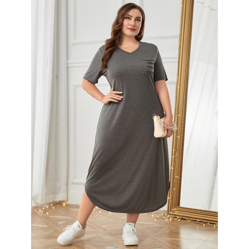 Plus Size Pocketed V-Neck Short Sleeve Lounge Dress Dark Gray 1XL