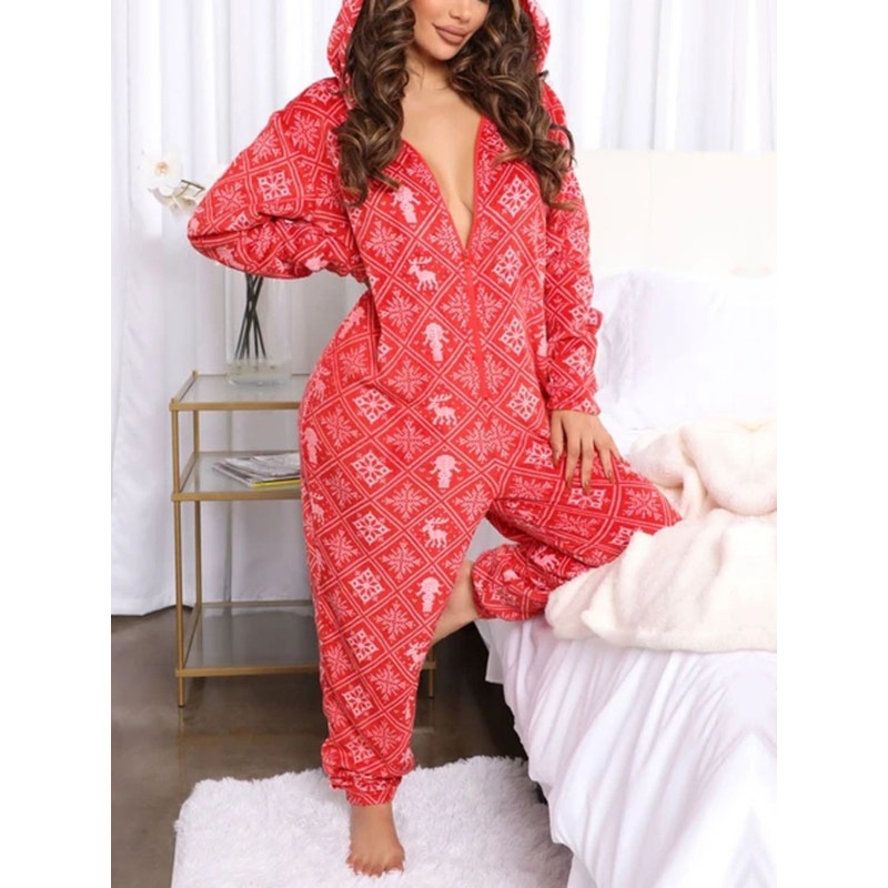 Printed Zip Up Long Sleeve Hooded Lounge Jumpsuit Deep Red S