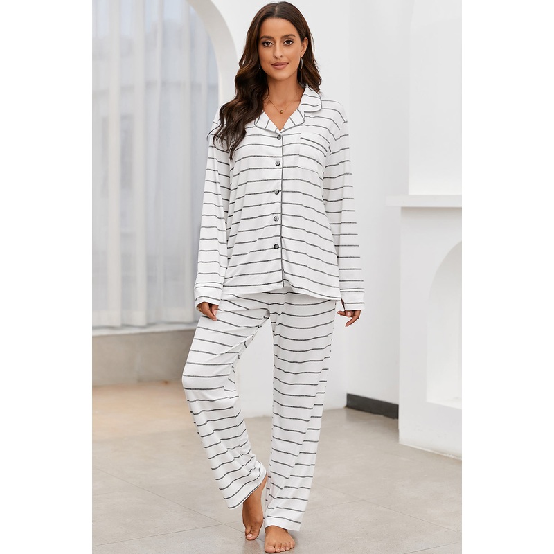Striped V-Neck Long Sleeve Top and Pants Lounge Set Stripe S
