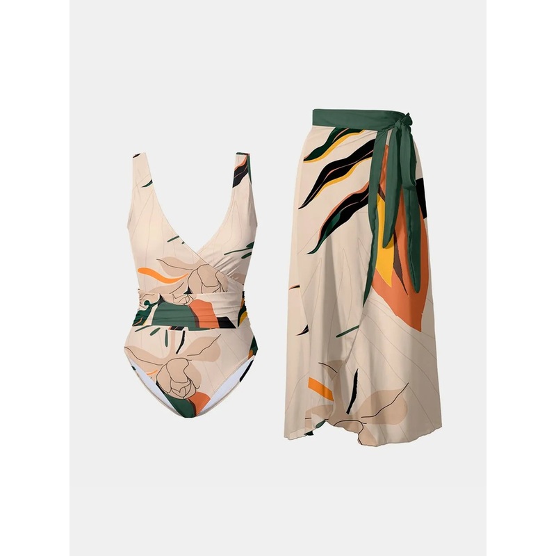 FAM-FAM Printed Surplice Wide Strap Swimwear and Skirt Swim Set Tan S