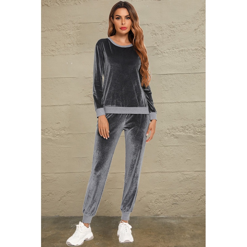 Round Neck Long Sleeve Loungewear Set with Pockets Charcoal S