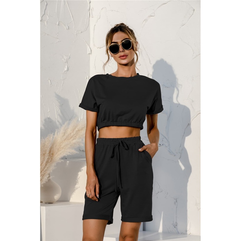 Short Sleeve Cropped Top and Drawstring Shorts Lounge Set Black S