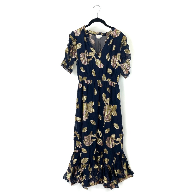 Navy Blue & Metallic Floral Pattern Dress – Size 4