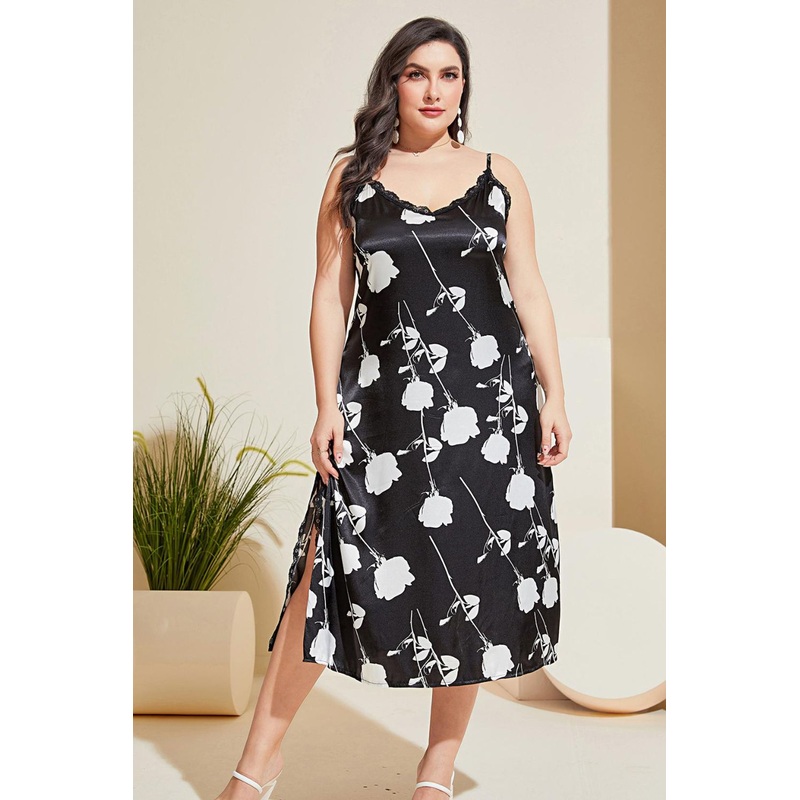 Plus Size Floral Lace Trim Side Slit Night Dress Black 1XL