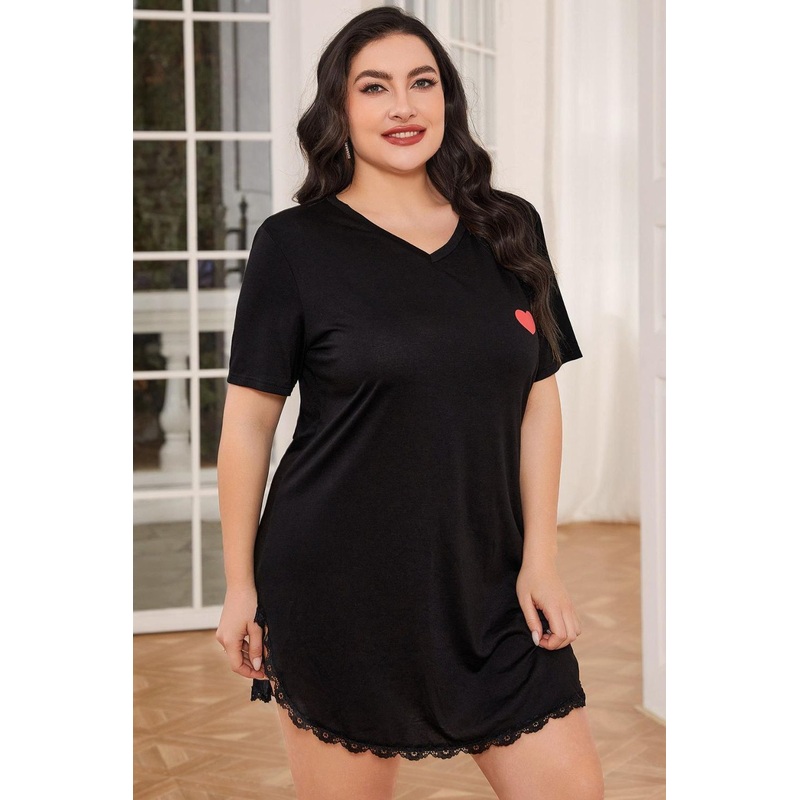 Plus Size Lace Trim V-Neck Short Sleeve Night Dress Black 0XL