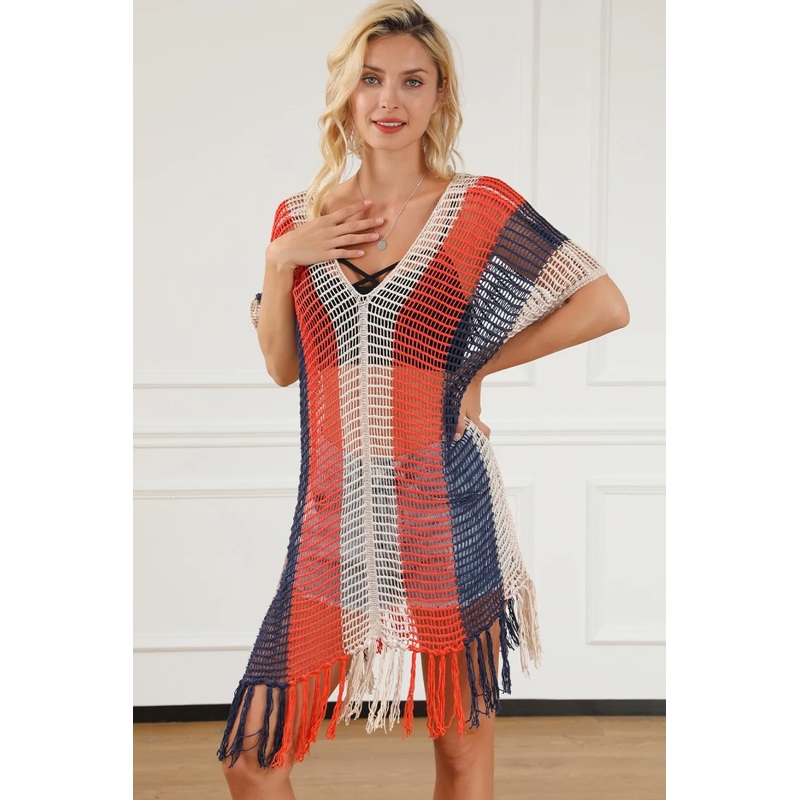 Tassel Color Block V-Neck Cover Up Multicolor S