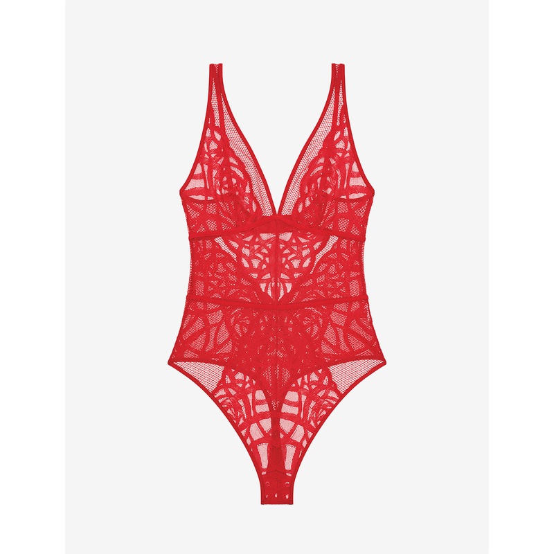 Rose Lace Unlined Bodysuit red XS