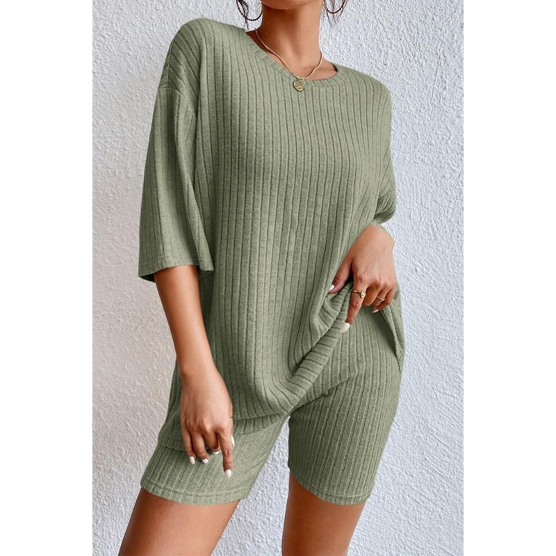 Round Neck Ribbed Top and Shorts Lounge Set Sage S