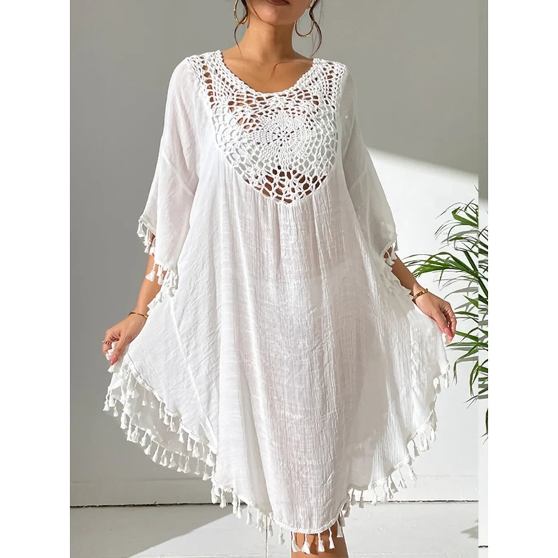 Tassel Cutout Scoop Neck Cover-Up Dress White One Size