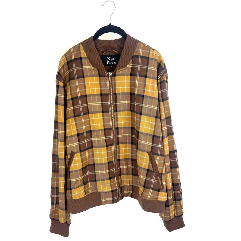 Brown Plaid Zip up Bomber Jacket- 2X
