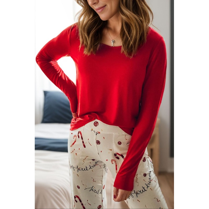 Round Neck Long Sleeve Top and Printed Pants Lounge Set Deep Red S