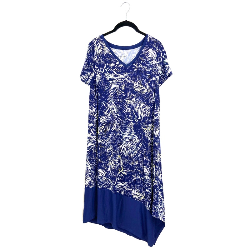 Navy Blue Tropical Print Short Sleeve Midi Dress – Size 6/8