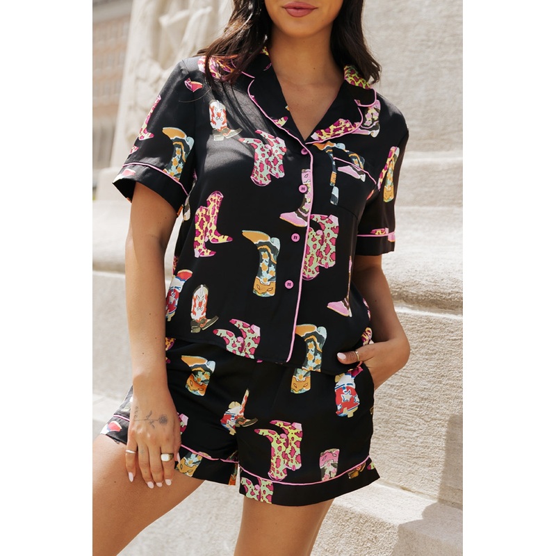 Printed Button Up Short Sleeve Top and Shorts Lounge Set Black S