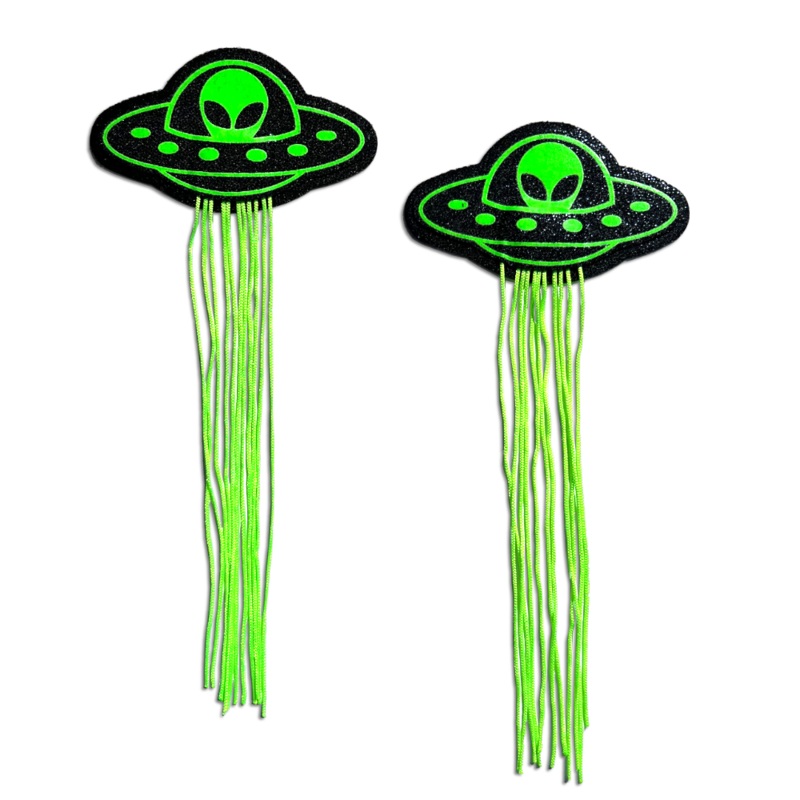 Tassel UFO Alien Glow-in-the-Dark Neon Green on Black Nipple Pasties by Pastease