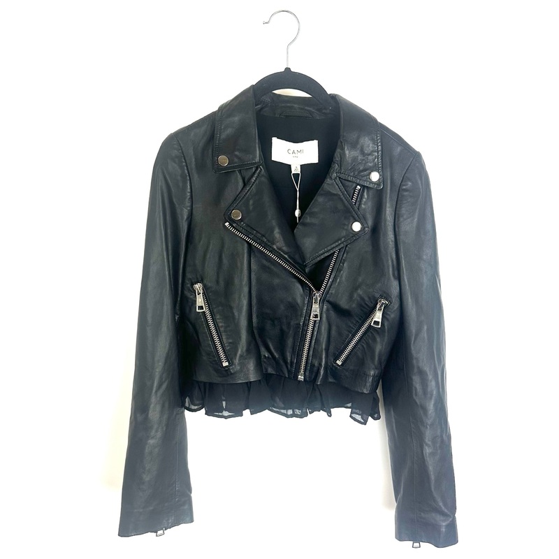 Black Ruffle Hem Leather Jacket – Size 0