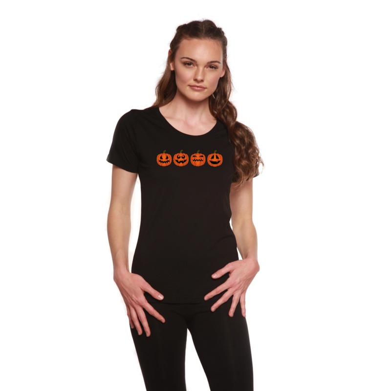 Halloween Pumpkins Women’s Bamboo/Cotton Short Sleeve Scoop Neck Printed T-Shirt Medium Black
