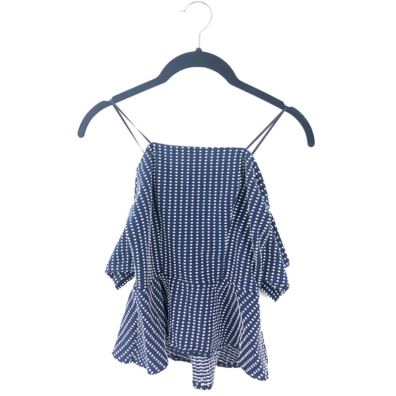 Off The Shoulder Blue And White Polka Dot Peplum Top – Small