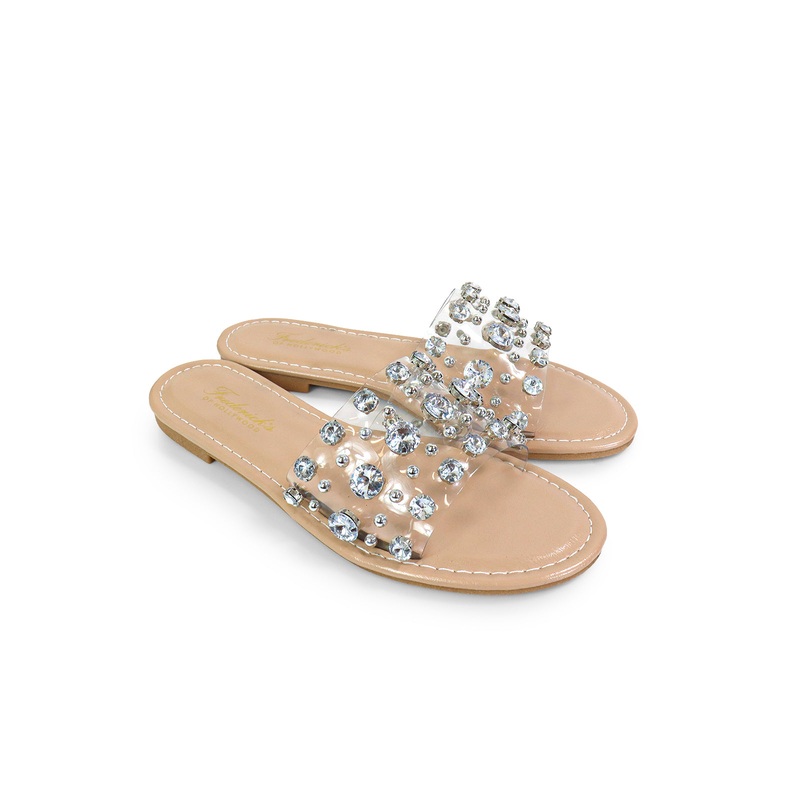 Clarissa Rhinestone Flat Sandal Nude 5.5